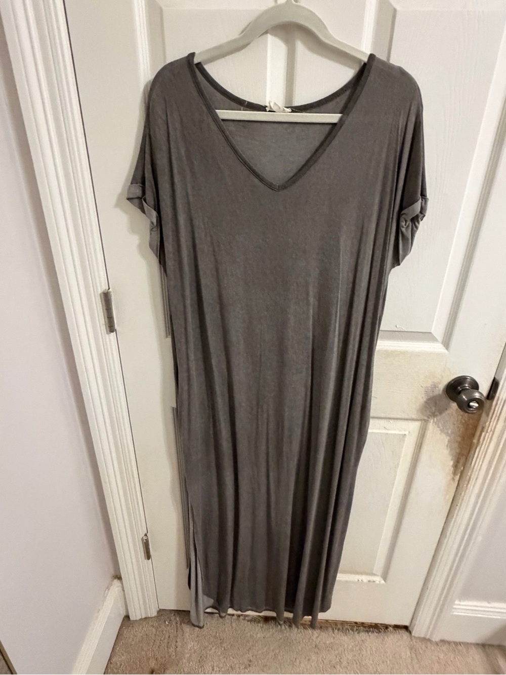 Gray V-Neck Short Sleeve Maxi Dress